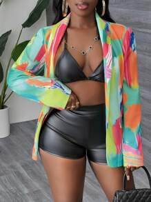 Slaydiva Giacca blazer elegante da donna a maniche lunghe con stampa di pennellate colorate, adatta per l'abbigliamento da pendolarismo - Multicolore - Visualizzare 8