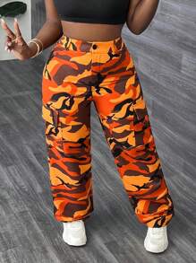 Slaydiva New Streetwear Fashion Camo Print Cargo Pocket Cargo Pants - Orange - View 1