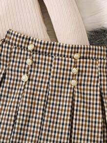 SHEIN Young Girl 3Pcs Sets Casual & Comfortable Knitted Gigot Sleeve Golden Buttons Tee & Gingham Print Skirts & Beret/Hats Outfit,Great For Casual & Daily Wear & School Daily In Summer & Autumn