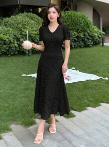 DAZY Black Lace V-Neck Waist-Cinched Fishtail Dress For Women Sundress - Black - View 5