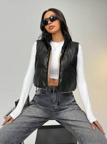 SHEIN EZwear Women's PU Splicing Teddy Fleece Reversible Sleeveless Vest With Pockets, For Autumn/Winter