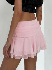 Aloruh Ultra Low Waist Ruffled Multi-Layer Flouncy Elegant Pink Mini Skirt With Textural Chiffon Fabric - Baby Pink - View 5