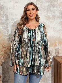 EMERY ROSE Plus Size Women's Fall Polka Dot Print Crew Neck Long Sleeve Ruffled Hem Blouse - Green - View 3