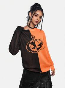 Sonchs Curiosities Artist Women's Pumpkin Pattern Drop Shoulder Crew Neck Long Sleeve Sweater Top, For Holiday, Vacation, Going Out, Festival, Ibiza Fits - Orange - View 5