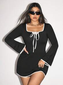 SHEIN ICON Plus Size Long Sleeve Fitted Color Block Flare Dress