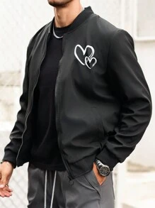 Manfinity Homme Chaqueta de béisbol de manga larga con estampado de corazón para hombres, para primavera/otoño