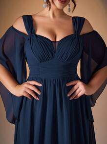 Mgiacy 新款露肩优雅伴娘礼服，褶皱荷叶袖雪纺长裙，女士优雅礼服