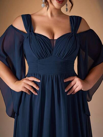 Mgiacy 新款露肩优雅伴娘礼服，褶皱荷叶袖雪纺长裙，女士优雅礼服