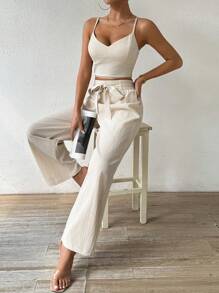 Breezaya Conjunto de dos piezas para vacaciones de mujer con sujetador push-up con copas y correa con lazo, pantalones rectos elásticos