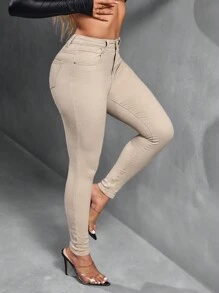 SHEIN SXY Women's Solid Color Minimalist Everyday Denim Jeans - Apricot - View 4