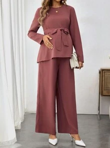 SHEIN 2 piezas Conjunto de camisa de cuello redondo de unicolor y pantalón de pierna ancha para maternidad, primavera/verano - Color caoba - Ver 5