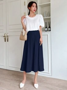 DAZY تنورة كاجوال متوسطة الطول بلون واحد بسيطة للنساء