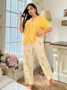 CottageSlumber Plus Size Women's Solid Color Top & Floral Printed Pants Pajama Set - Yellow - View 7