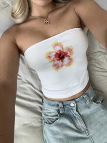 SHEIN EZwear Áo yếm bó sát in hoa thông thường dành cho nữ, hoàn hảo cho mùa hè - trắng - Xem 1