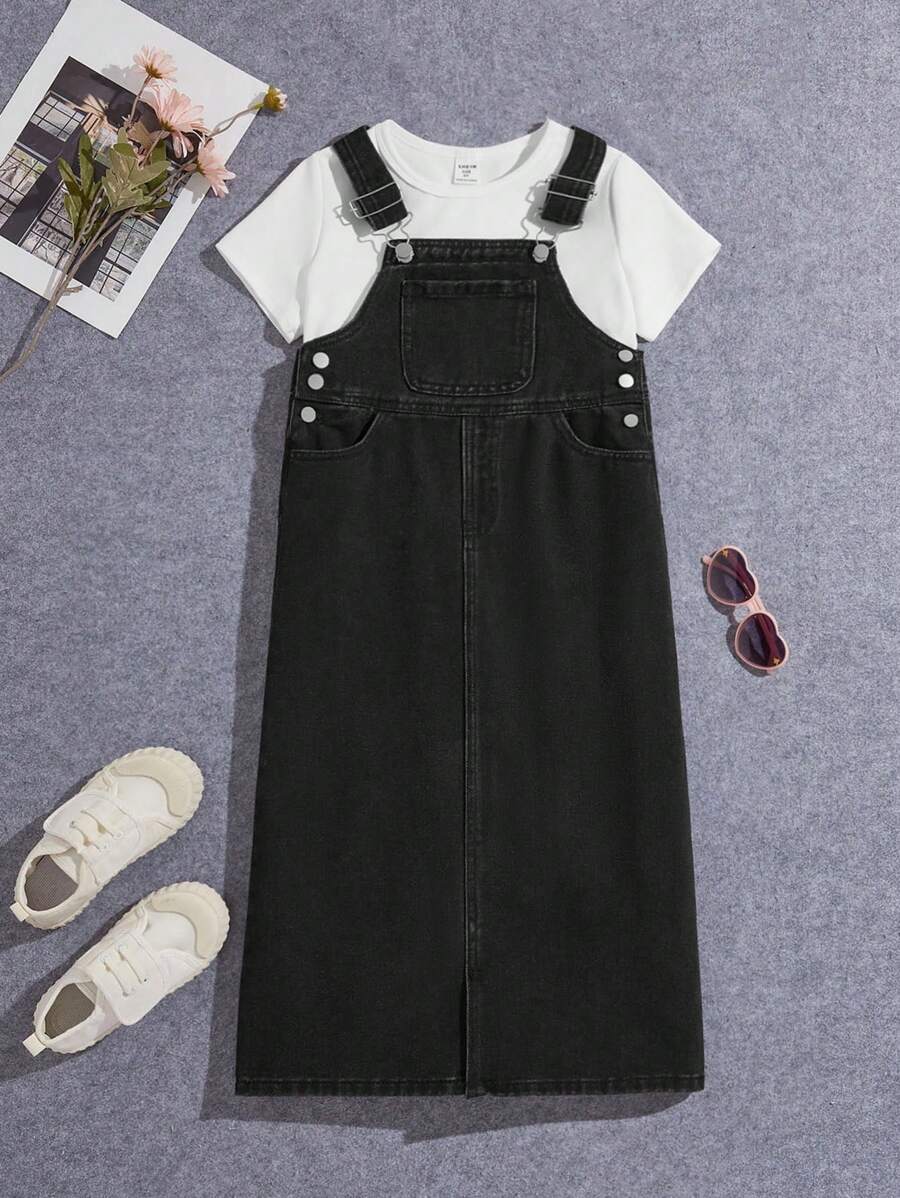 YOUNG GIRL PREPPY CASUAL Adjustable Flat Pockets Overall Dress - Black - View 1
