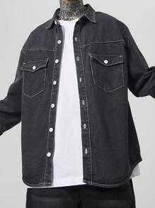 Manfinity EMRG Men's Washed Gray Denim Contrast Trim Loose Casual Raglan Baggy Shirt - Dark Grey - View 8