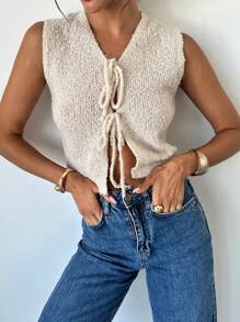 SHEIN Privé Women's Basic Casual Fashionable Elegant Front Tie Textured Knitted Sweater Vest - Apricot - View 7