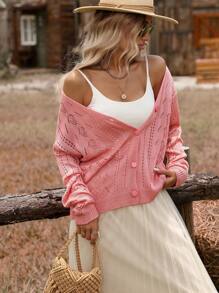 SHEIN VCAY Solid Color Button Down Long Sleeve Hollow Out Top, Casual Everyday Wear,Fall Women Clothes,Fall Women Cardigan