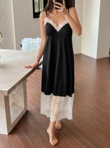 DAZY Women's Satin & Lace Cami Nightgown With Adjustable Spaghetti Straps And Backless Design Pajama - Black - View 4