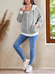 SHEIN Maternity Casual Hooded Drawstring Zip-Up Fluffy Loose Pregnancy Jacket, For Winter - Grey - View 4