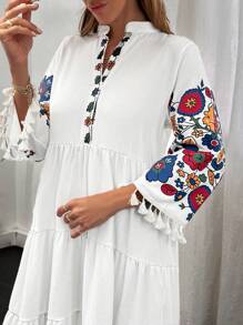 EURMUSE Embroidery Tassel V-Neck Short Dress - Multicolor - View 3