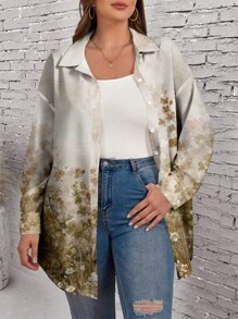 EMERY ROSE Plus Size Women Casual Vintage Floral Pattern Long Sleeve Turndown Collar Long Cardigan, Suitable For Autumn - Camel - View 5