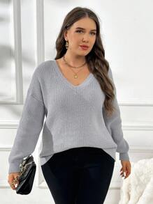 SHEIN Frenchy Plus Size Light Blue V Neck Backless Sweater,Women's Smart Casual Everyday Elegant Long Sleeve Drawstring Hem Pullover Street Sweater Fall/Winter - Grey - View 9