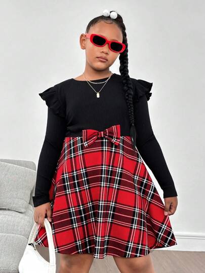 SHEIN Tween Mädchen Erweiterte Größe Lässig Strick Rundhals Puffärmel Plaid Patchwork Langes Kleid