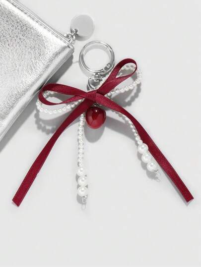 Kawaii 1pc Korean High-End Handmade Beaded Bow Cherry Wine Red Tassel Loop Bag Charm Keychain, Suitable For Women's Daily Wear Festival Gift Bag Charm Valentines