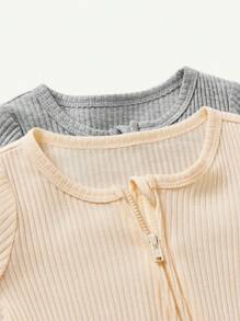 Cozy Pixies 2pcs/Set Baby Girl Solid Color Crew Neck Long Sleeve Footie Jumpsuit - Grey - View 6