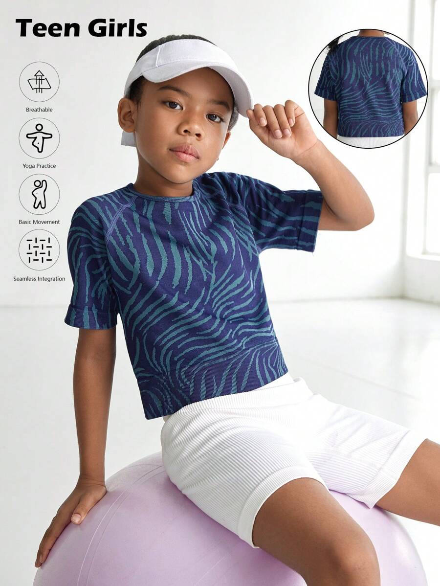 SHEIN Tween Girls Blue Zebra Striped Stretch T-Shirt - Navy Blue - View 1