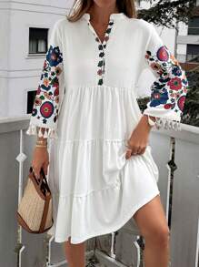 EURMUSE Embroidery Tassel V-Neck Short Dress - Multicolor - View 4