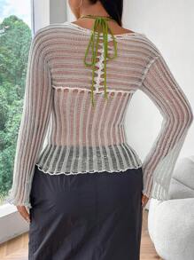 Flirla Plus Size Women's Contrast Color Semi-Sheer Long Sleeve Pullover Sweater Knit Pullover Fall Winter - Beige - View 2