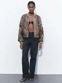 Maija Women's Leopard Print Zip Front Baseball Jacket, Spring Summer - Khaki - View 8