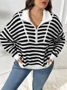 SHEIN Frenchy Plus Size Black And White Striped Pullover Sweater,Winter Clothes - Black and White - View 10