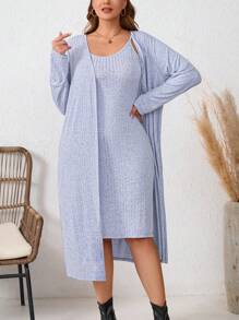 SHEIN LUNE 大码罗纹吊带裙 + 开衫 2 件套秋季女装女士服装套装旅行装机场 - 藍色 - 查看 7