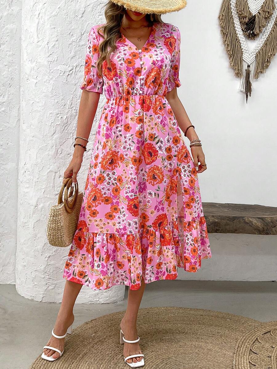 SHEIN LUNE Của phụ nữ Hoa Cổ chữ V Nút phía trước Ngắn Ống tay áo Đầm Với Bên Khe , Hoàn hảo Đối với Kỳ nghỉ - Nhiều màu - Xem 1