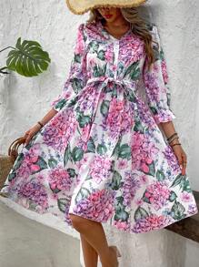 SHEIN LUNE V-Neck Print Half-Button-Up Ruffle Short Sleeve Belted Vacation Dress - Multicolor - View 4