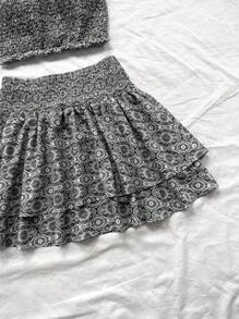SHEIN Unity Bộ 2 áo Bandeau cho nữ có viền xếp nếp và chân váy in họa tiết khắp thân - Đen và trắng - Xem 6