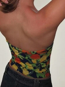 Fruit Print Sleeveless Crop Top, Summer - Yellow - View 2