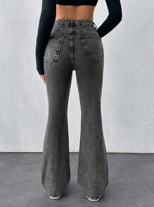 RueChic 98%纯棉休闲高腰修身喇叭牛仔裤 - 灰色 - 查看 2