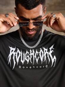 Manfinity LEGND Bộ 2 áo thun tay ngắn cổ tròn in chữ và quần short thường ngày cho nam, mùa hè - Đen và trắng - Xem 3