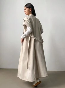 FRIFUL 女士纯色双排扣长款休闲风衣女夹克，秋季女装背心 - 米色 - 查看 5