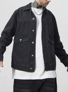 Manfinity Hypemode 男士休闲宽松牛仔夹克，春秋 - 黑色 - 查看 3