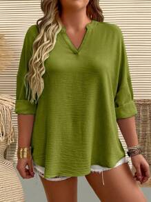 EMERY ROSE Blusa holgada de mangas largas con cuello en V y hombros caídos para mujeres tallas grandes, para primavera y verano