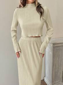 EURMUSE Langarm Set bestehend aus detaillierter plissierter modischer Bluse und Rock - Beige - Übersicht 3