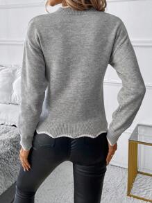 SHEIN Clasi Suéter cuello redondo de bloqueo de color gris con blanco, ropa de mujer otoño/invierno