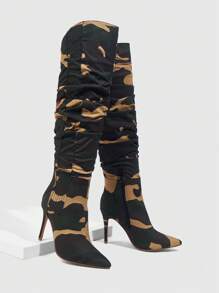 CUCCOO SZL Women's Fashion Camo High-Heel Tall Boots Christmas Fall