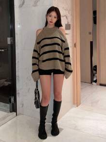 DAZY Women's Round Neck Long Sleeve Open Shoulder Striped Sweater, Casual Everyday,Long Sleeve Tops,Fall Clothes - Camel - View 4