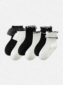 6 双新款黑白袜子，蕾丝边透气不束缚柔软舒适袜子，公主甜美女孩风格，适合 4 个季节 - 彩色 - 查看 1